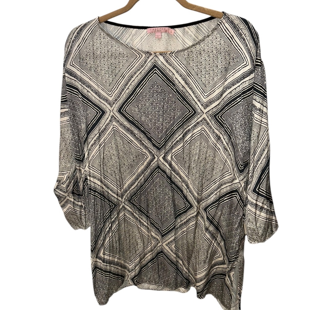 Calypso 100% SILK blue white graphic diamonds lines print blouse tunic top L